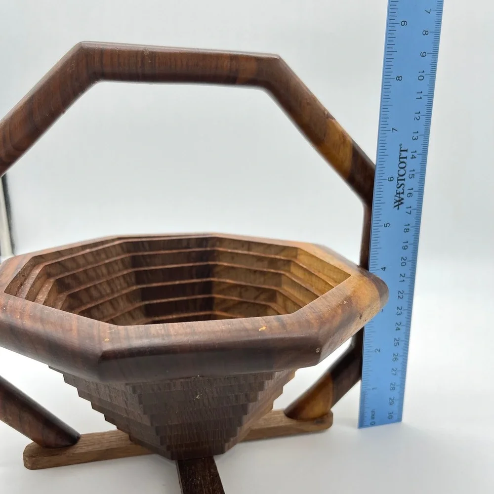 Vintage Wooden Accordion Fruit Basket Hexagonal‎ Foldable Serving Tray Handle